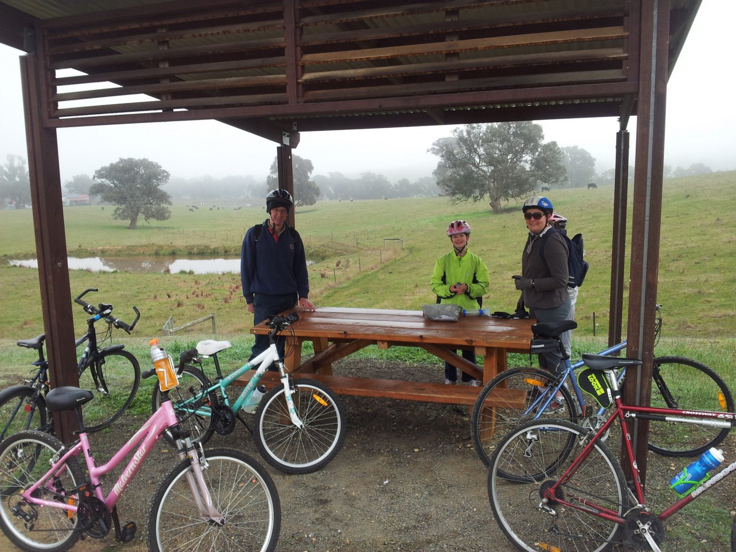 Snack break on the trail. A very nice table and seats with view. No BBQ facilities though. Great Victorian Rail Trail, Yea to Cheviot Tunnel. July 2013.