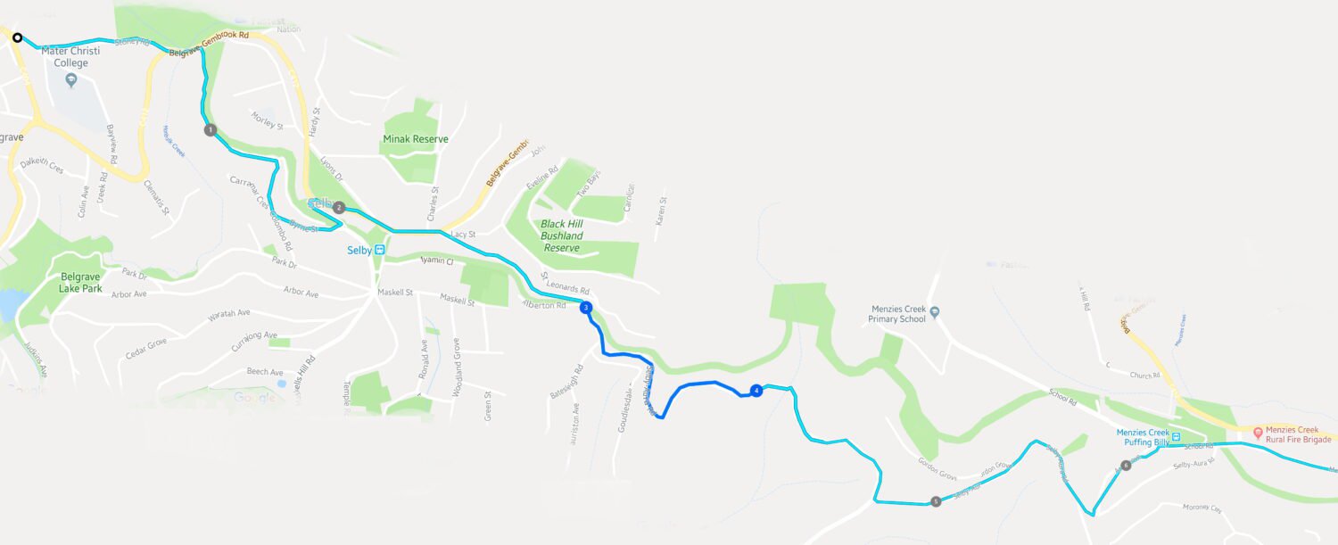 Belgrave to Menzies Creek map. Stitched together from screenshots from Samsung Health app for Android.