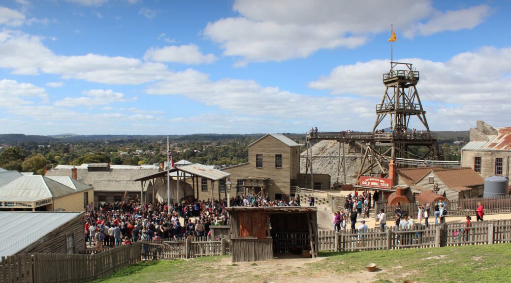 The Red Coat soldiers in the distance.. Their guns firing are easily heard. Sovereign Hill, Ballarat. April 2012.