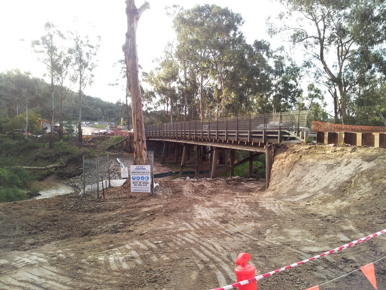 The Eltham side of the bridge is being prepared for the new roadway. Wattletree Road bridge rebuild 2012.