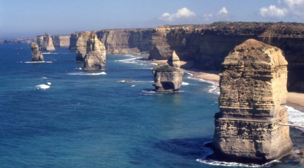 The Twelve Apostles coastal formation along Victoria's Great Ocean Road. Stawell to Melbourne Bike Ride 1987.