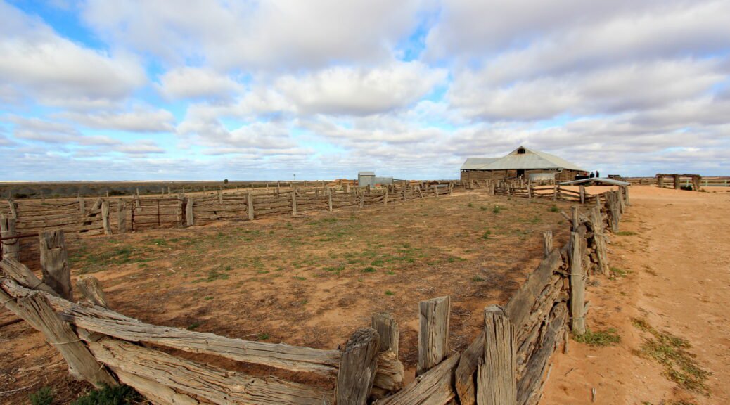 Post and rail holding pens. Mungo National Park. North West Victoria Tour, July 2020.