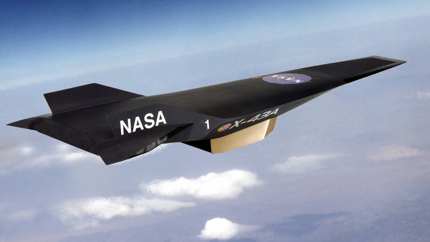 Artist's concept of X-43A with scramjet attached to the underside.