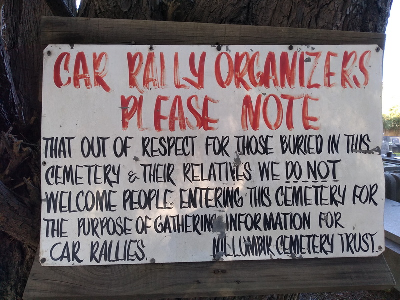No car rallies wanted sign at Diamond Creek cemetery. Diamond Creek walk, July 2020.
