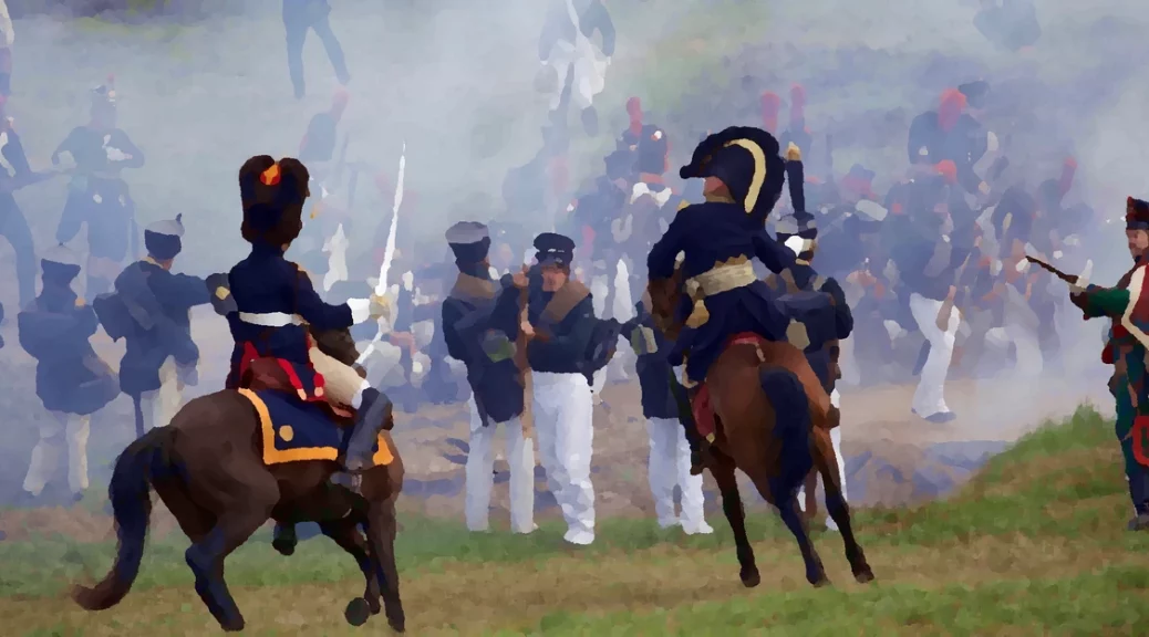 Soldiers in historical clothes during re-enactment of battle during Napoleonic war