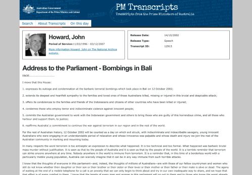 John Howard Bali Terrorist Attack Speech 2002