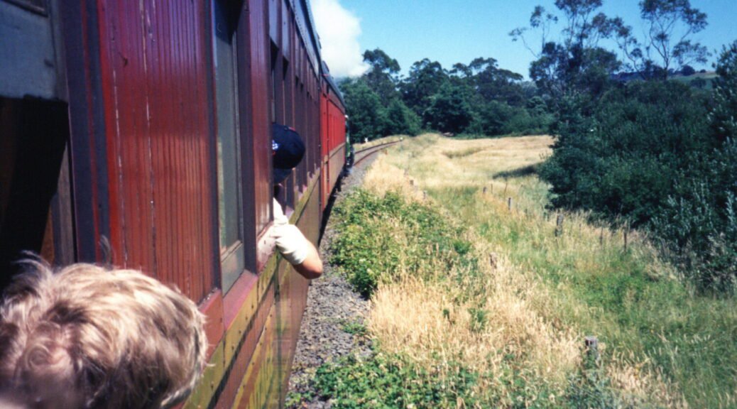 Riding the train from Leongatha to Korumburra. Steam train trip South Gippsland Railway, December 1996.