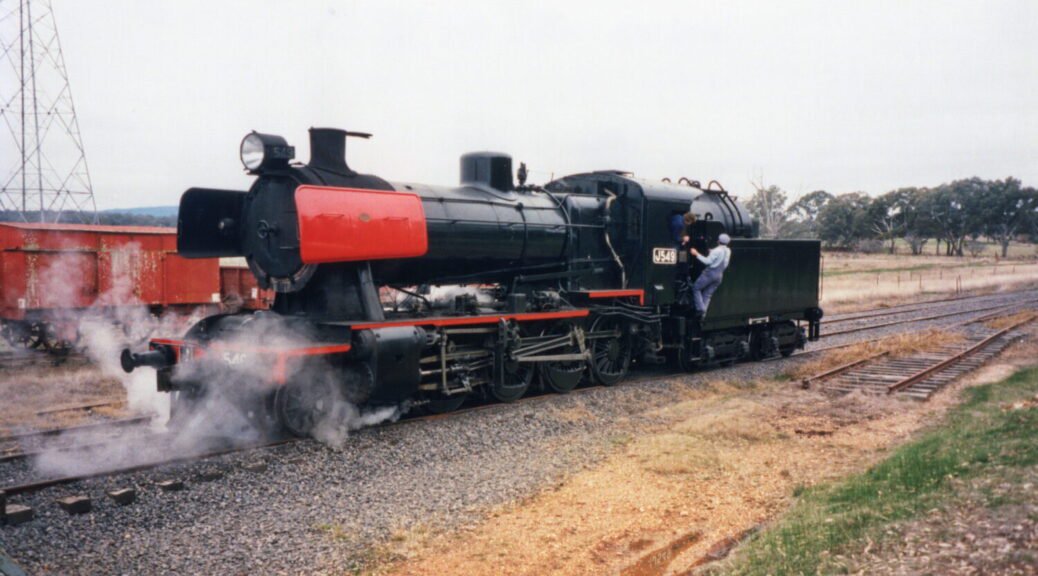 J549 steam locomotive. Running around its train at Maldon. Maldon and Victorian Goldfields Railway, June 1997.