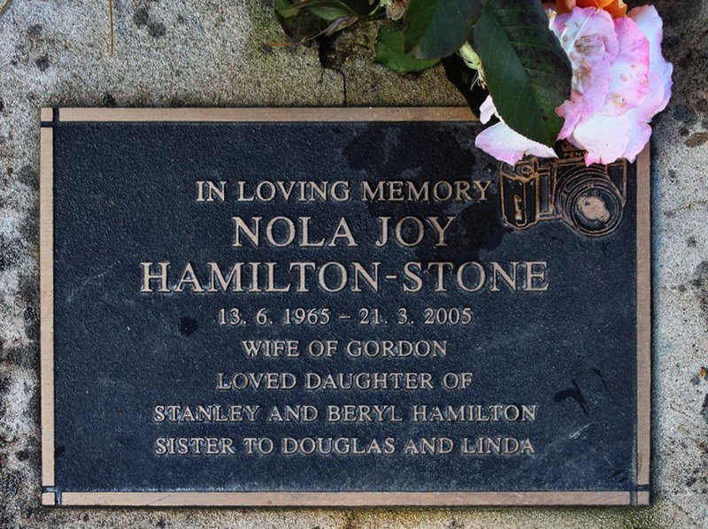 Nola Joy Hamilton-Stone grave plaque.