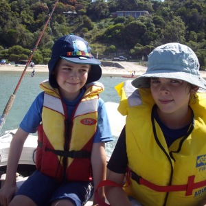 Connor and Lachlan boating