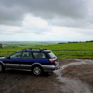 Subaru Outback at hilltop lookout