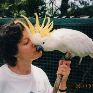 Karen with Fiona's mum's cockatoo